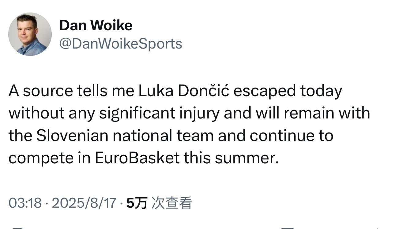 Dan Woike：消息人士告诉我，东契奇今日幸免于难，未受严重伤病，他将继续留