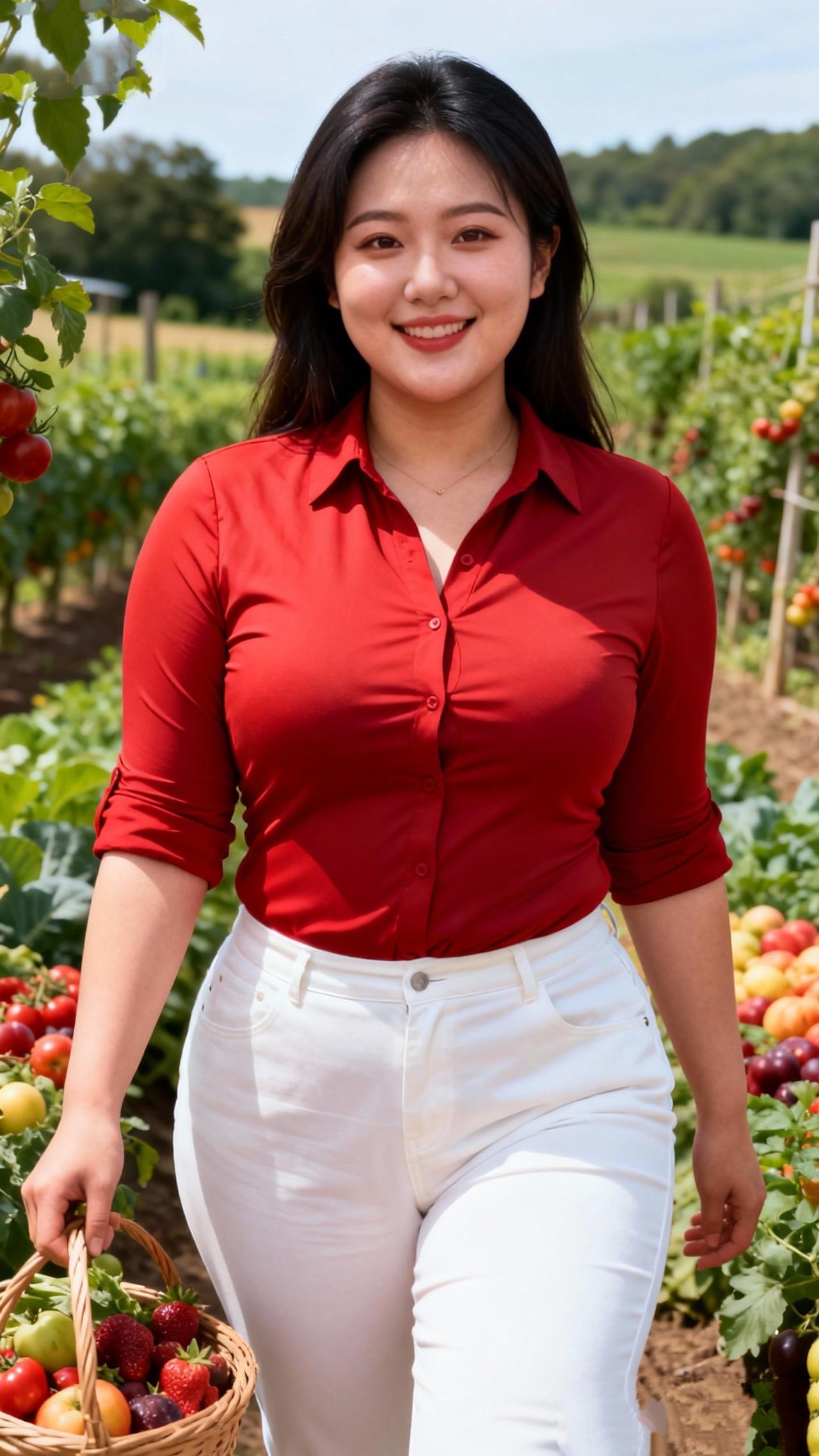 《园间红焰》
 
红衫撞碎夏日的光
白裤兜住风的甜香
藤架下的果实在发亮
篮子里