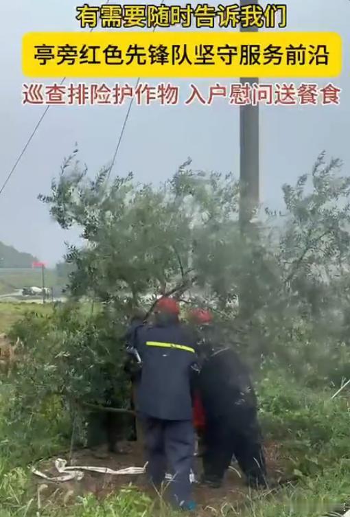 台州三门红色先锋队风雨无阻坚守服务前沿 迎战台风险情，三门亭旁红色先锋队冲锋在防