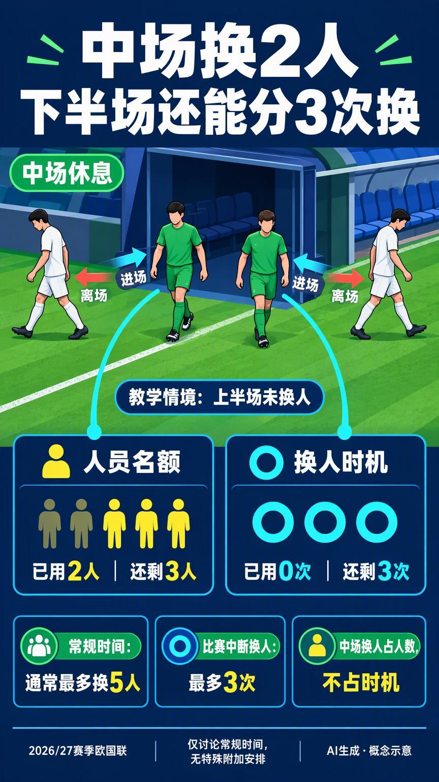 中场换了两个人，下半场为什么还能分三次换？中场休息换上两个人，下半场仍然可以分三