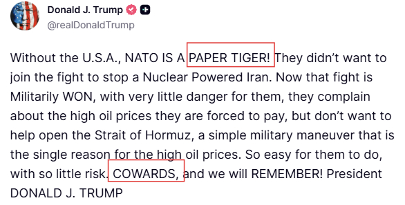 特朗普称北约是纸老虎¹ 特朗普骂嗨了，他不但骂北约是纸老虎，paper tige