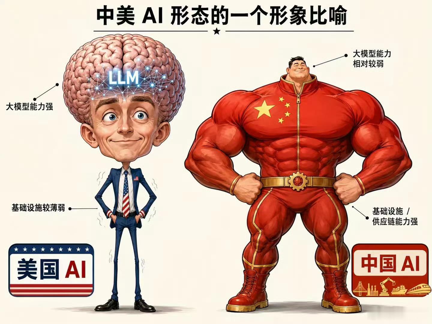 中美AI形态对比，挺形象，但中国AI还在发展进步阶段，所以大多数股票都只是炒作而