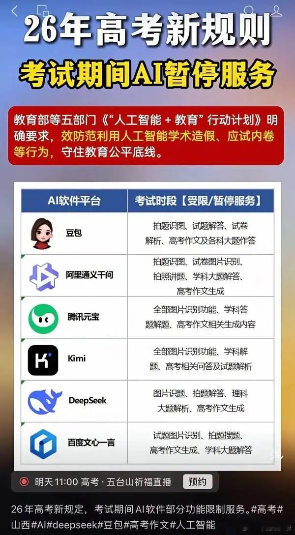 又快到高考季了，今年高考期间豆包、元宝这些AI都要禁用解题功能。不是说软件全停，