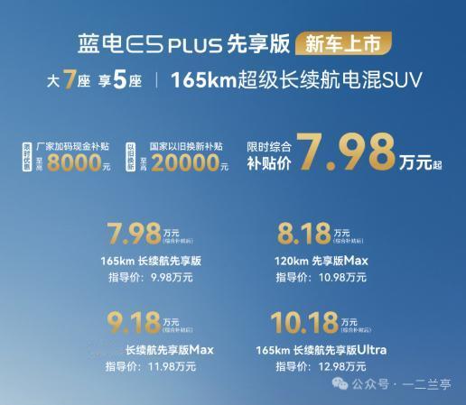 赛力斯蓝电E5 PLUS都快杀成白菜价了。
7.98万起步，七座SUV，综合续航