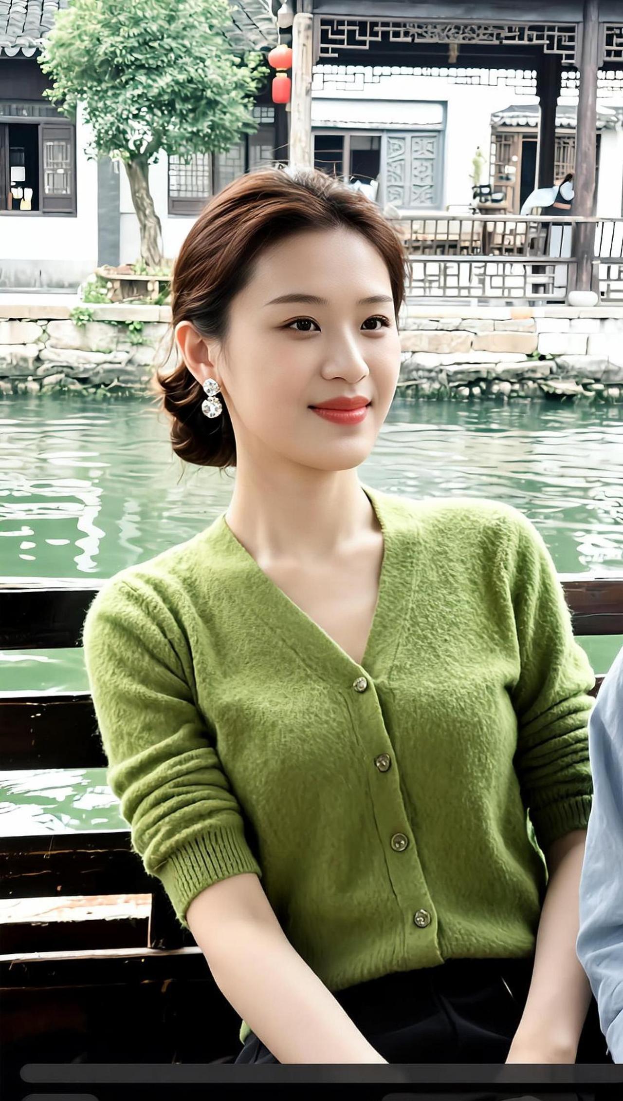 在古运河边，微风轻拂，仿佛时间也放慢了脚步。绿色的针织衫与周围的景色融为一体，像
