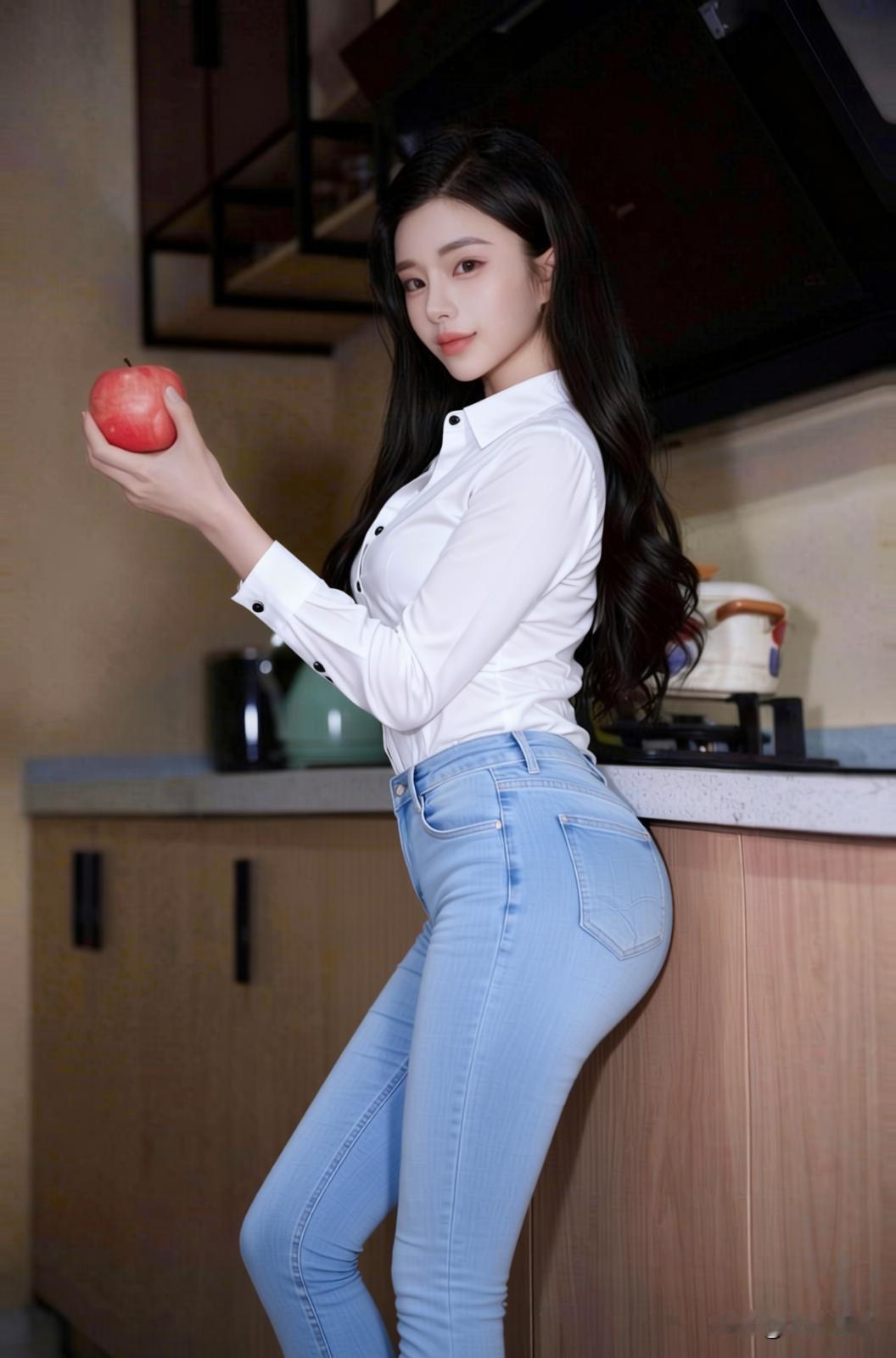 女生如何穿搭看起来时尚更有品味呢厨房里的清新女神，白衬衫牛仔裤，这气质也太让人心