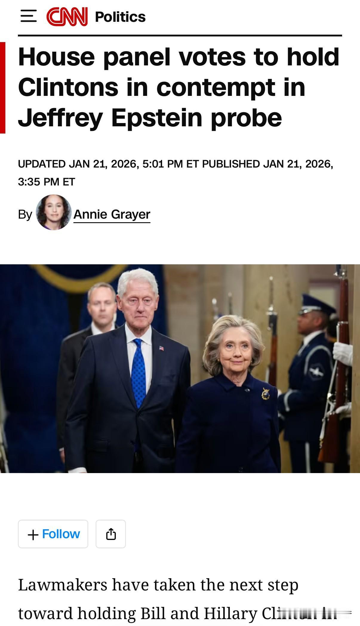 美媒报道称，美众议院调查小组投票通过了克林顿夫妇蔑视有关爱泼斯坦案件的调查。该小