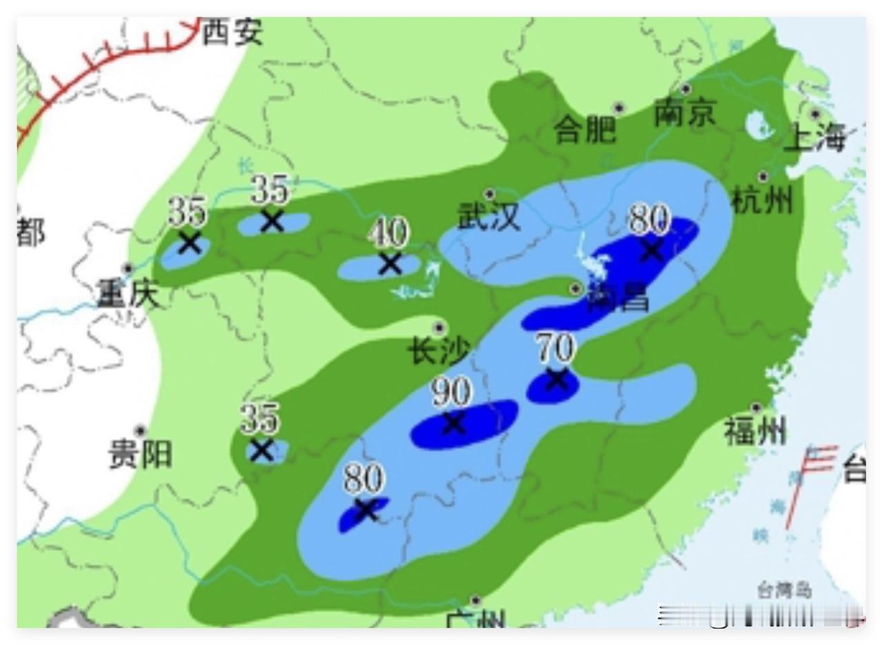 噢！2月26日到27日，长江流域和南方，大范围降雨降温啊！武汉--长沙--南昌-