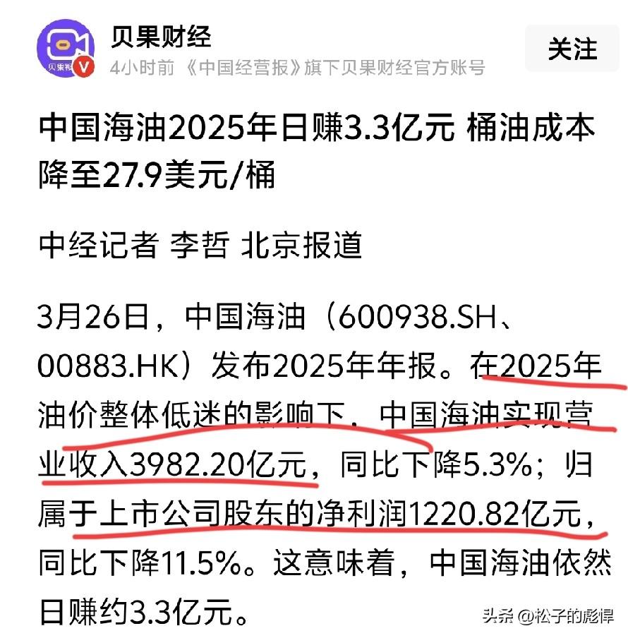 这简直就是打两桶油的脸，昨天中国海油公布了自己的营收以及利润，2025年总营收3
