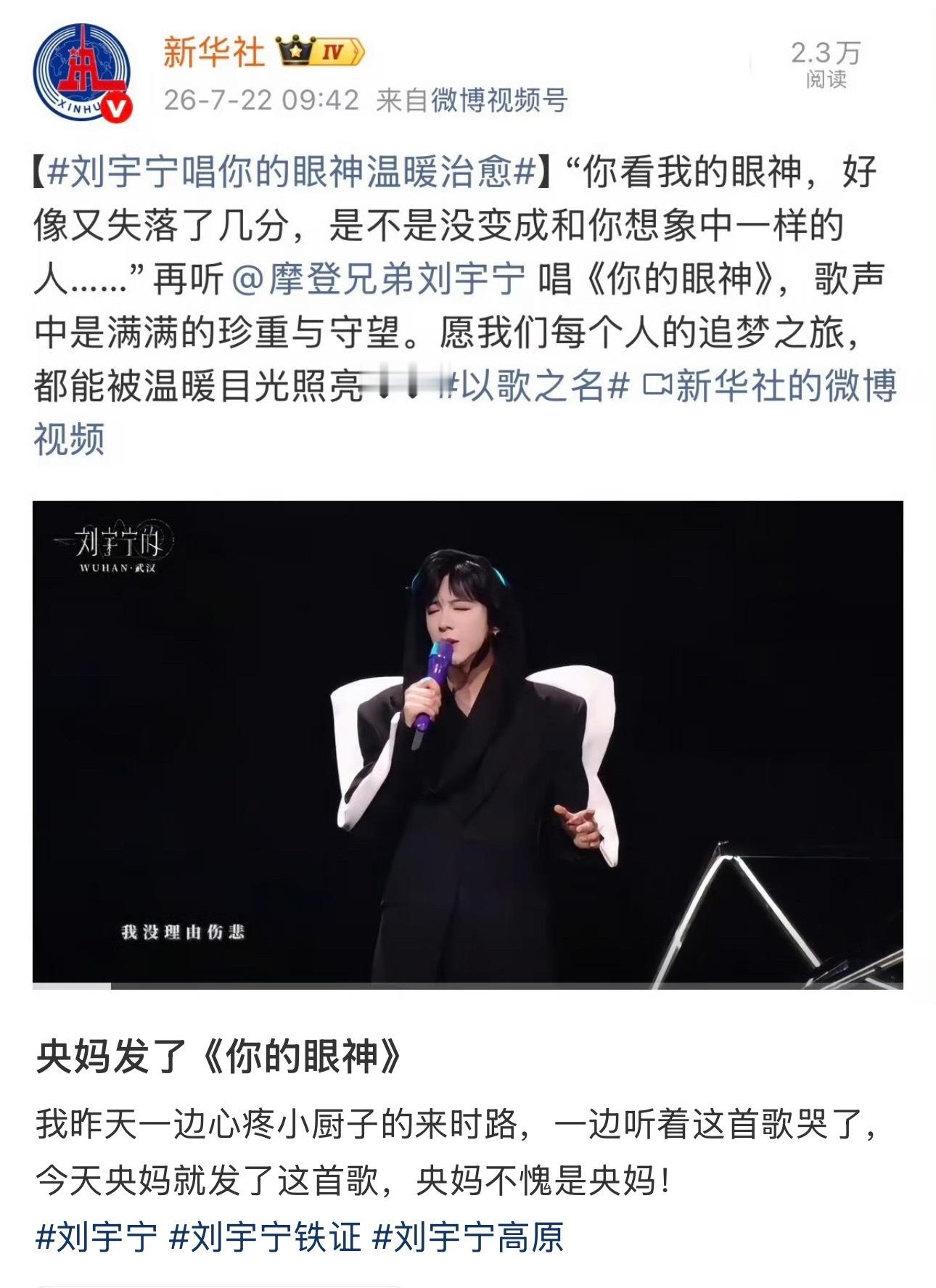 刘宇宁演绎的《你的眼神》满是细腻共情。醇厚嗓音包裹绵长情绪，像晚风轻轻拥抱心绪。