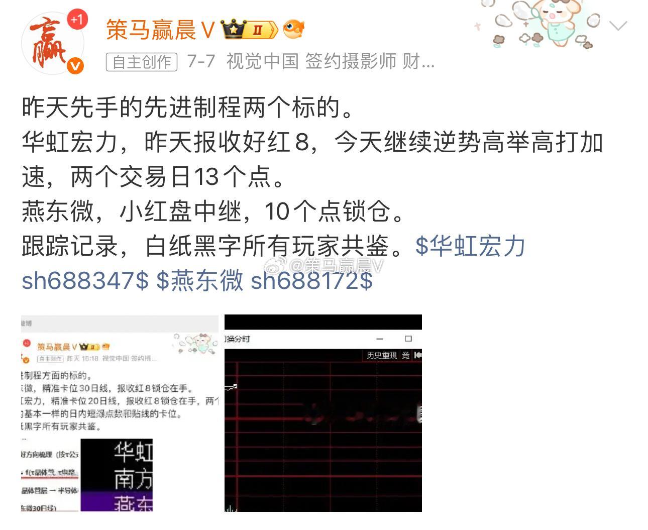 燕东微，持续连阳，午盘红5反包中，即将逆势接近历史新高，在手15个点跟踪记录。 