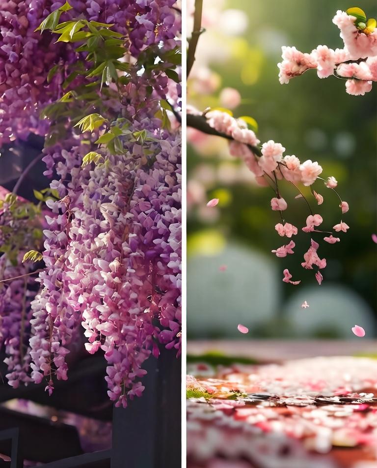 【窗外花事】🌸紫藤萝与樱花🌸

我的书桌前有扇窗，被木格小心地分成两格。一格