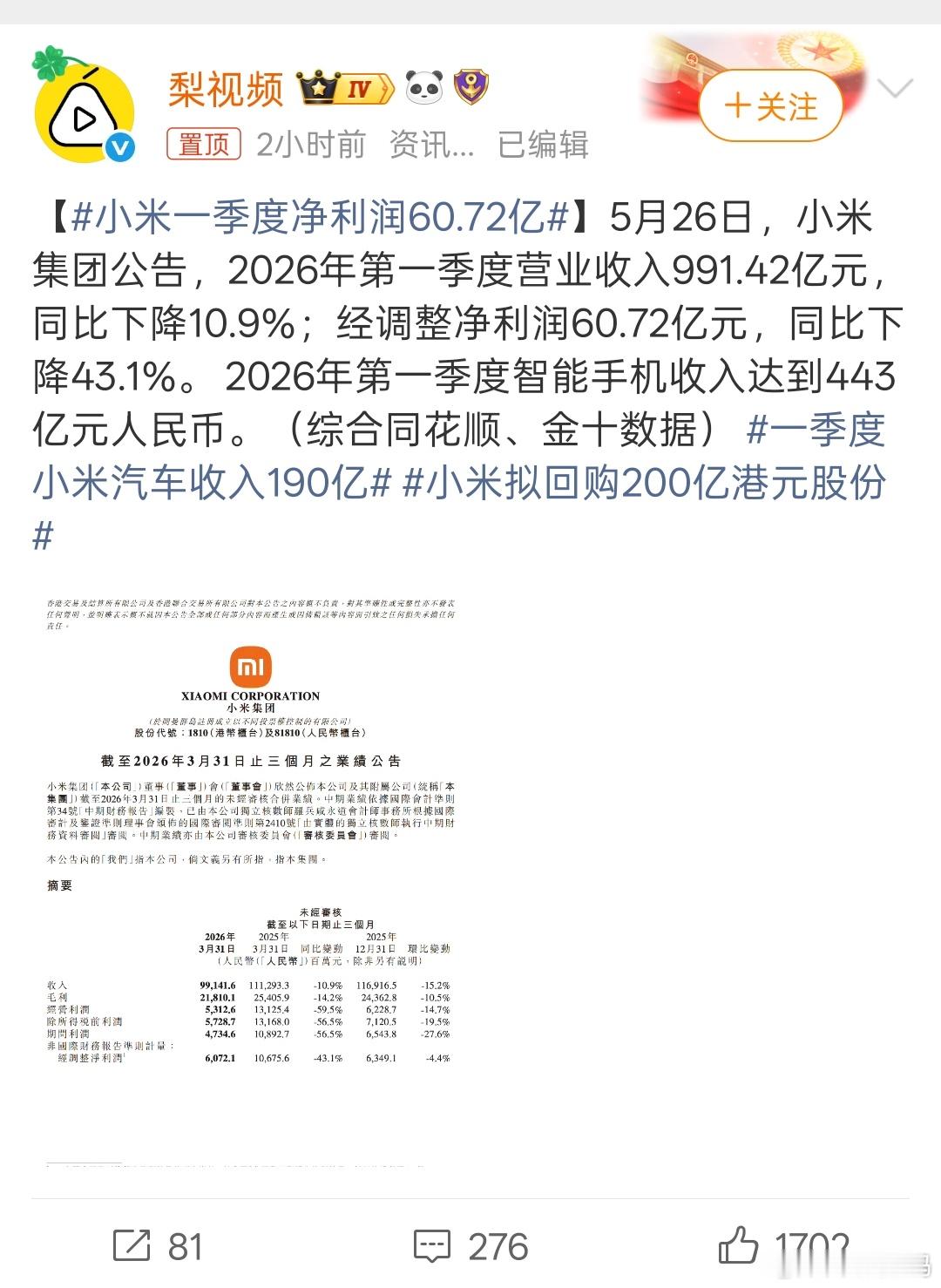 小米一季度净利润60.72亿为何小米一季度环比、同比都下降了？同比竟然爆降41%