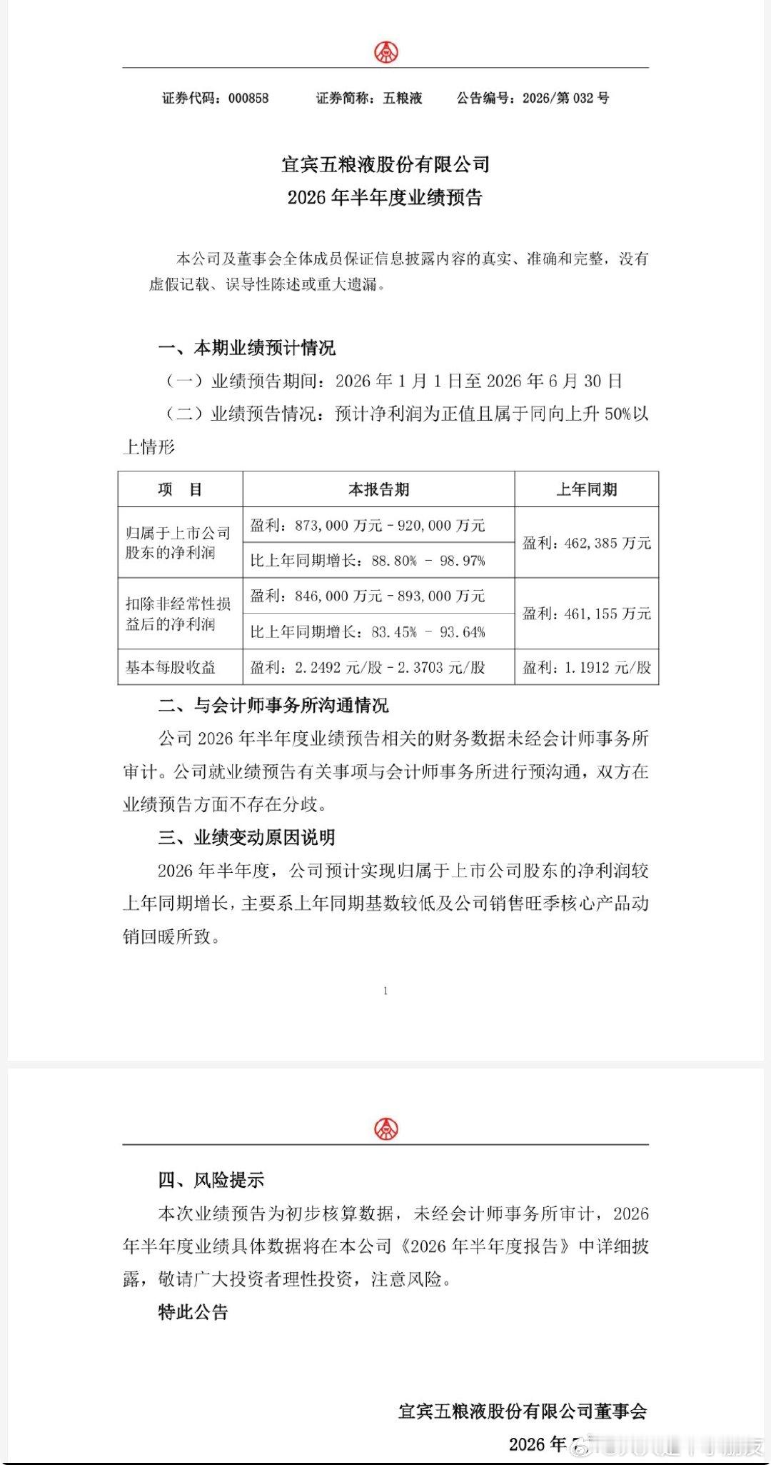 五粮液发布半年报业绩预报：扣非净利润：846,000万元 -893,000万元比