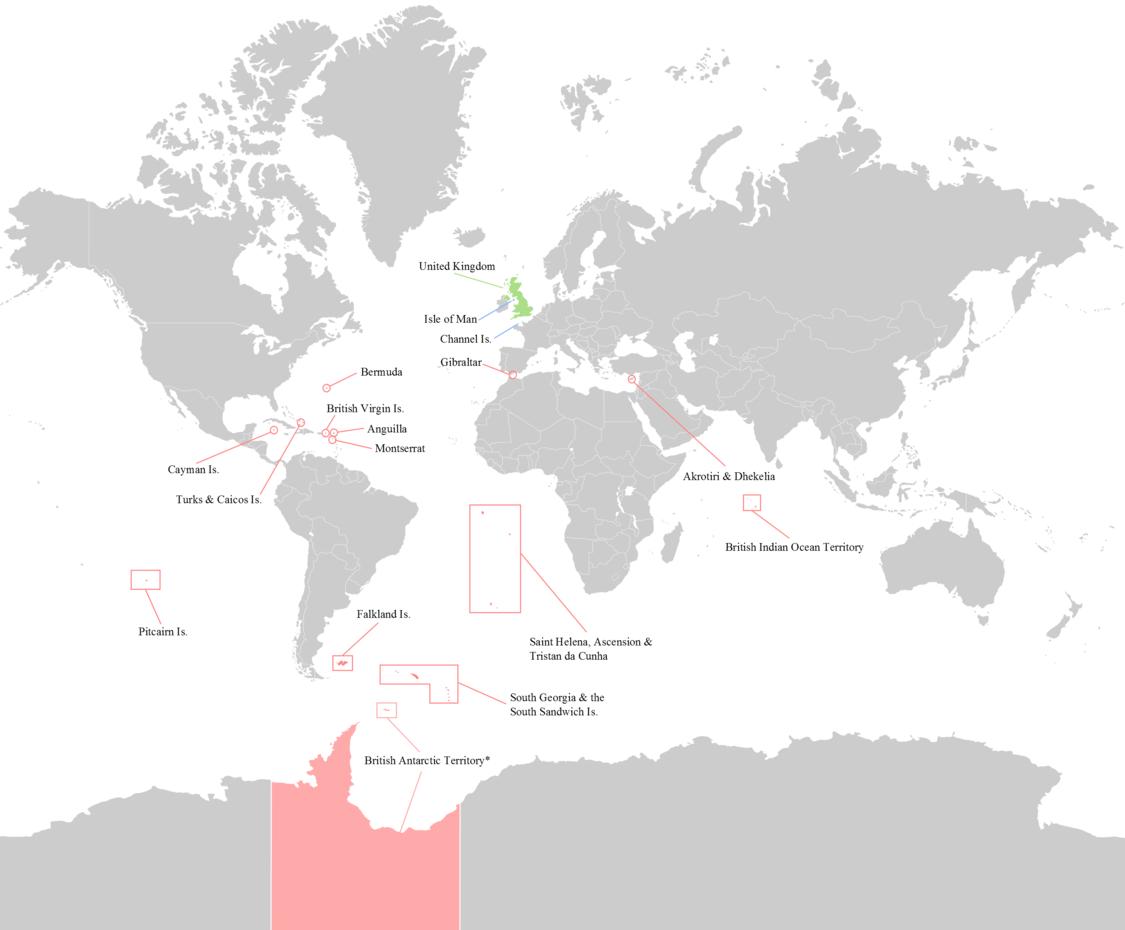 英国共拥有14块海外领土，是大英帝国遗留属地，遍布各大洋，主权归英国，外交与国防