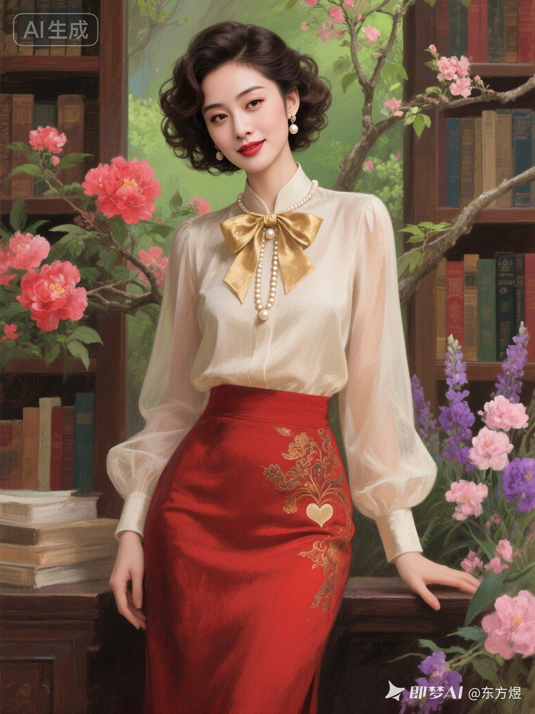 优雅复古风，红裙金发，书香满溢，尽显东方韵味。