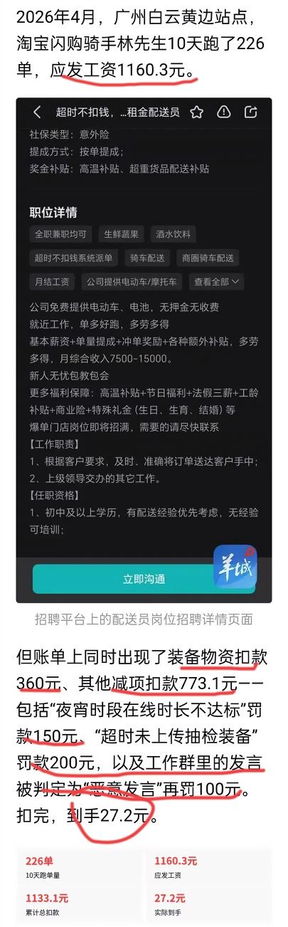 【广州一骑手跑了226单，应发1160元，到手只剩27块2！钱去哪了？】老牛今天