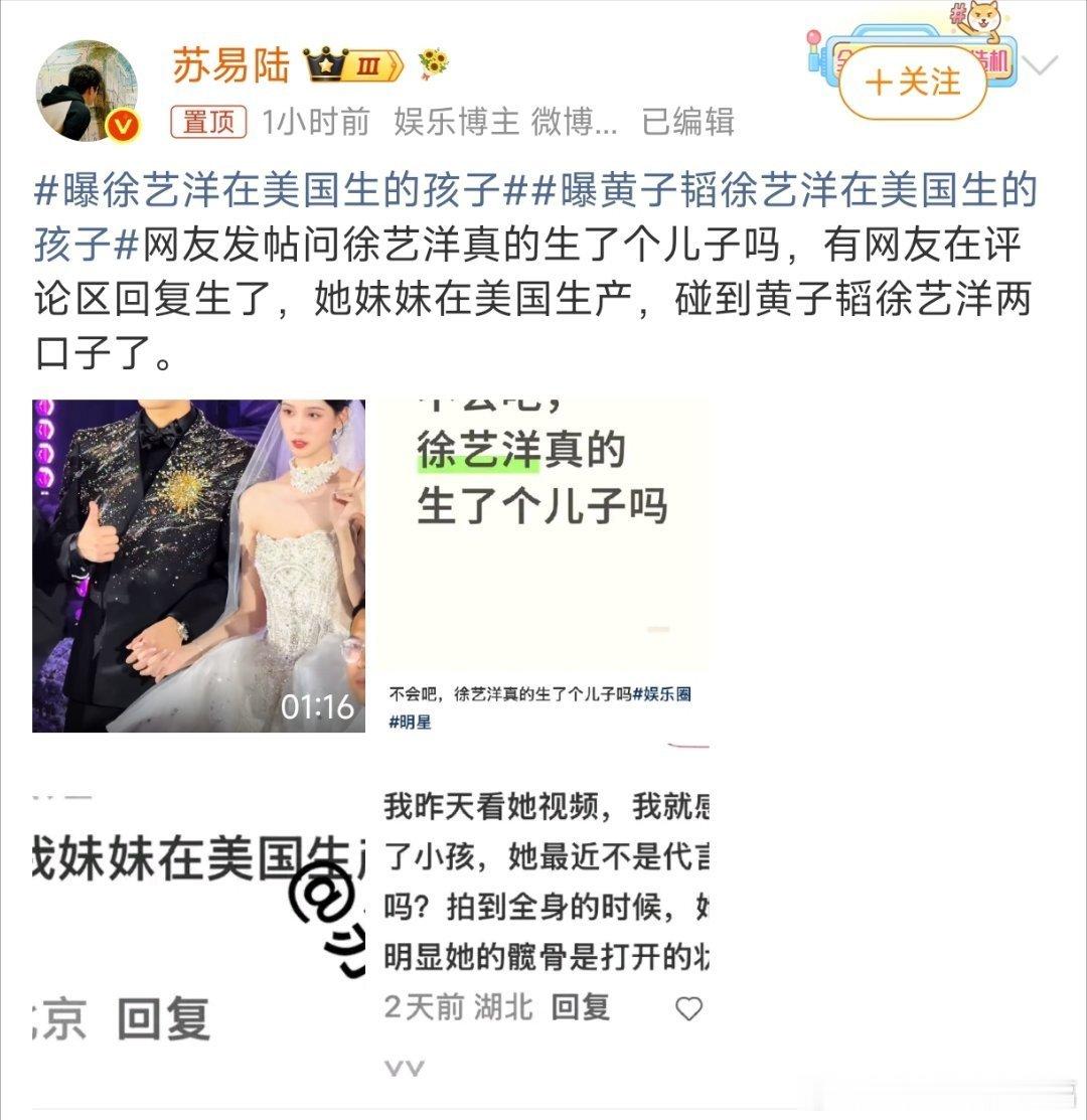 曝徐艺洋在美国生的孩子有关徐艺洋赴美生子的传闻流传已久，网传完整时间线罗列了两人