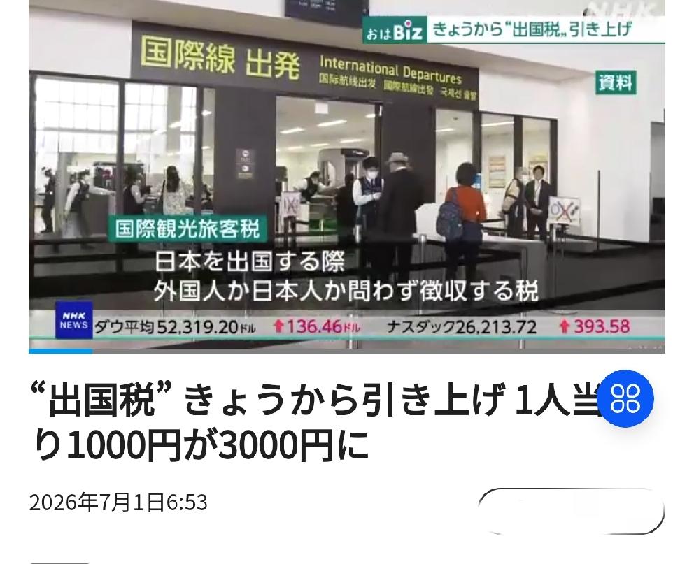 日本从今天开始“出国税”上调，从每人1000日元涨至3000日元
       