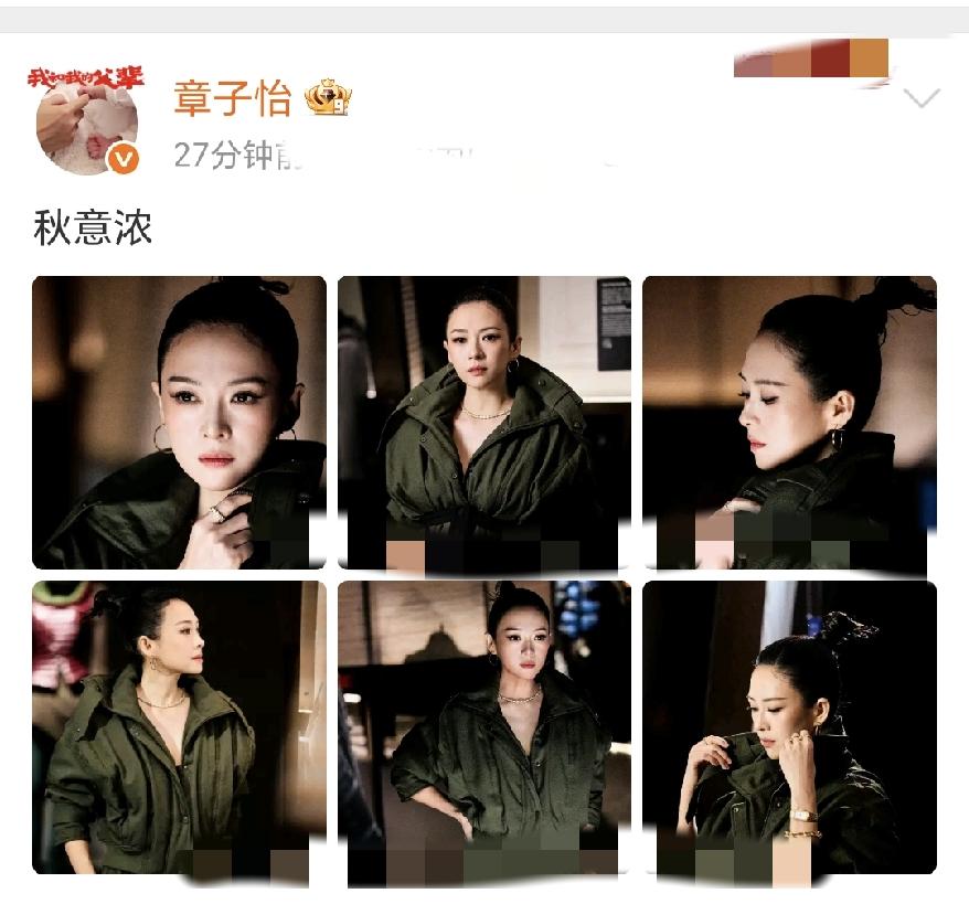 章子怡，又被吐槽[捂脸]10月19日晚上，章子怡在社交平台更新了一组氛围感大片，