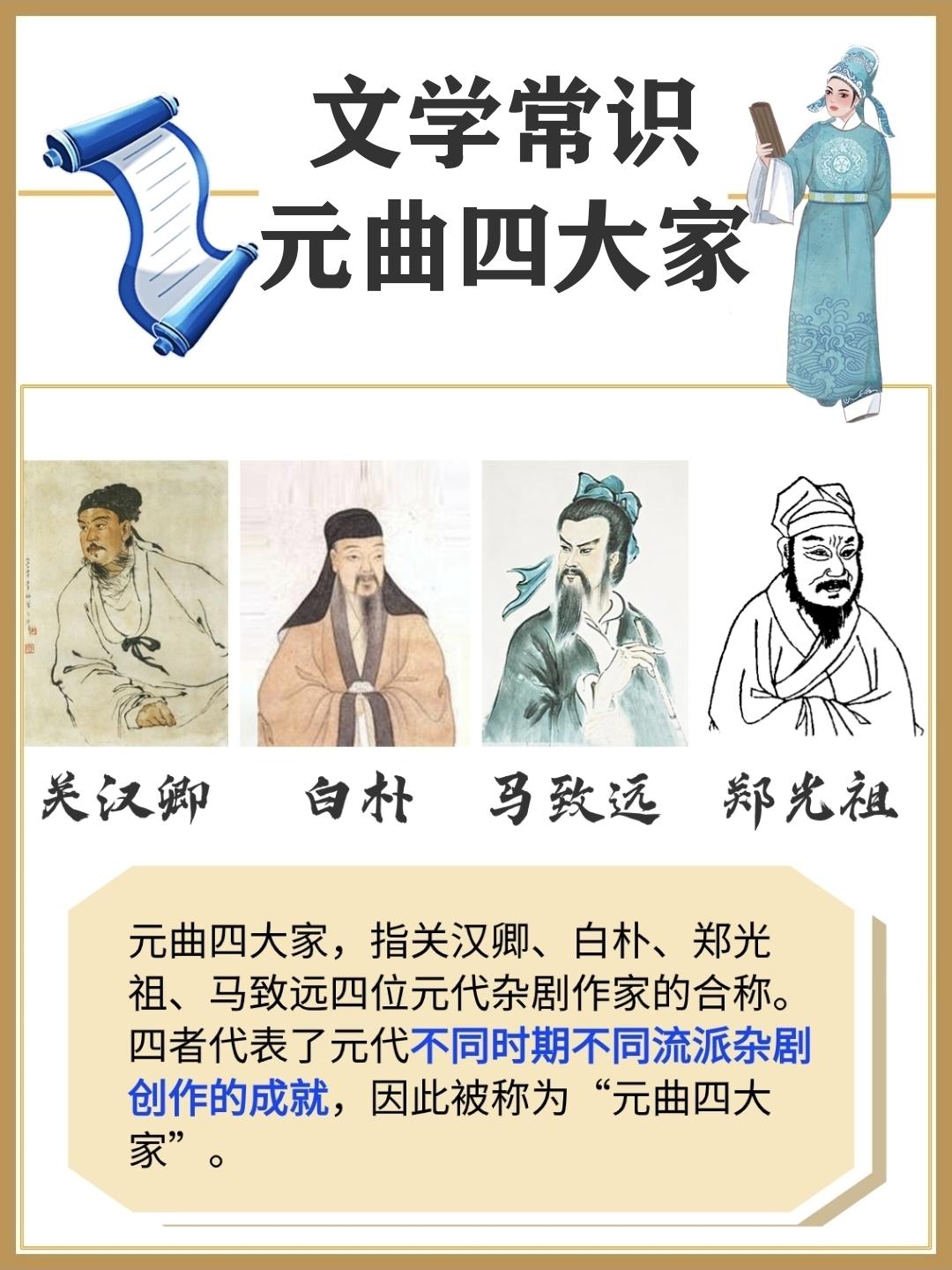 你知道元曲四大家都有谁吗❓
元曲四大家，指关汉卿、白朴、郑光祖、马致远四位元代杂