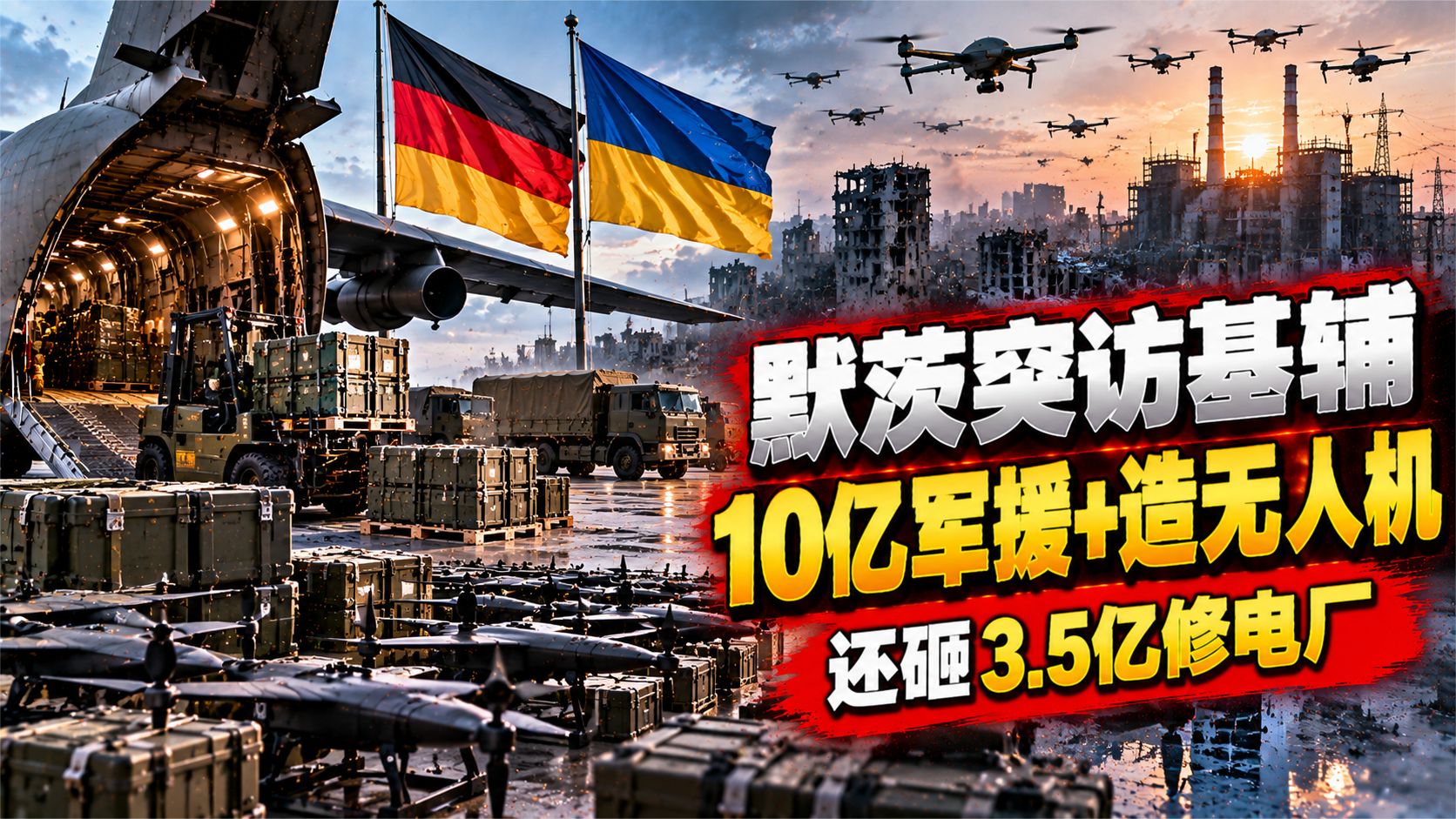 默茨秘密访基辅！10亿军援加3.5亿修电厂，还联手造2000架无人机