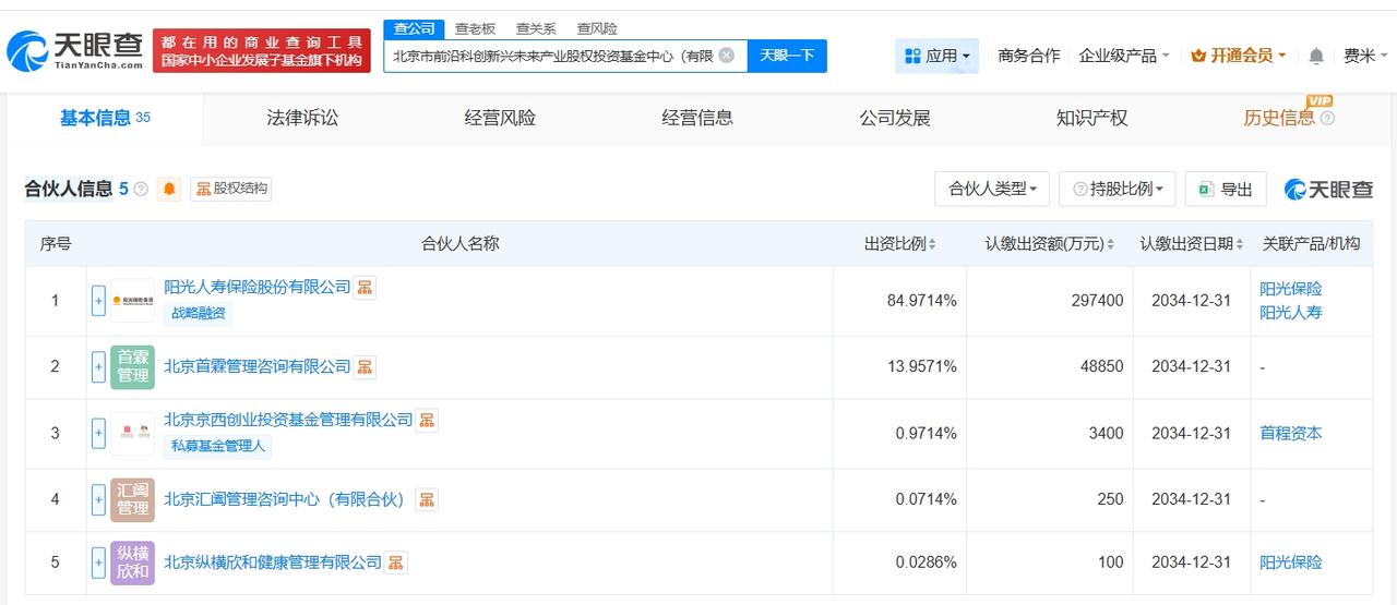 阳光人寿等在北京成立前沿科创股权投资基金中心
天眼查App显示，近日，北京市前沿