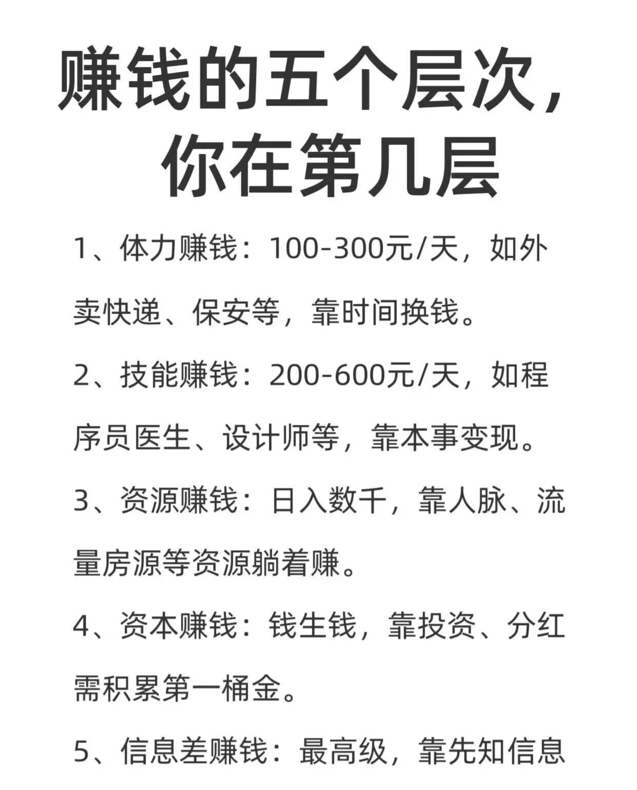 普通人发财利率🈶多大，赚钱的五个层级你在哪个层级里。提高自己努力赚钱💰是人生