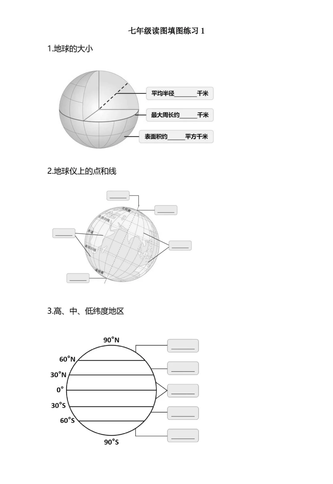 七年级地理填图练习1 地球、地球仪 会考复习