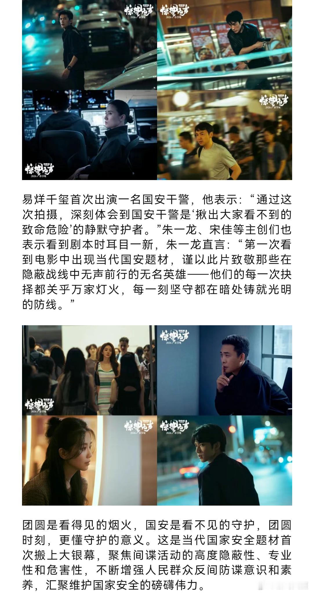 “团圆是看得见的烟火，国安是看不见的守护，团圆时刻，更懂守护的意义”。很期待《惊
