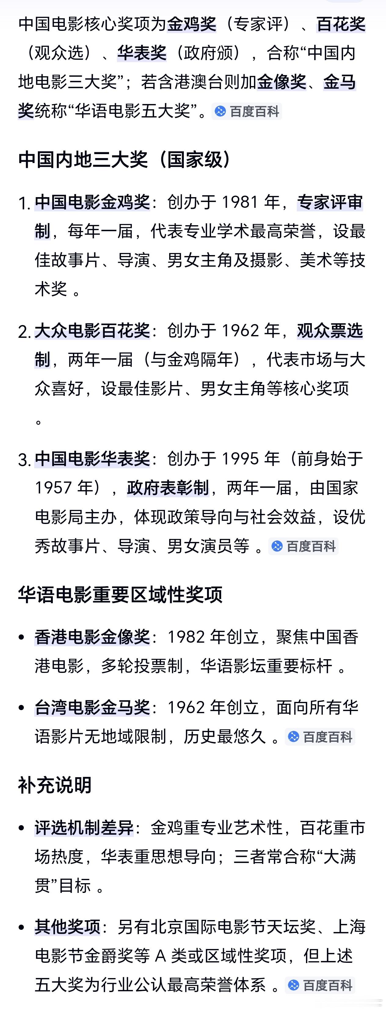 中国内地电影三大奖：金鸡奖，专家评审制，每年一届，代表专业学术最高荣誉。百花奖，