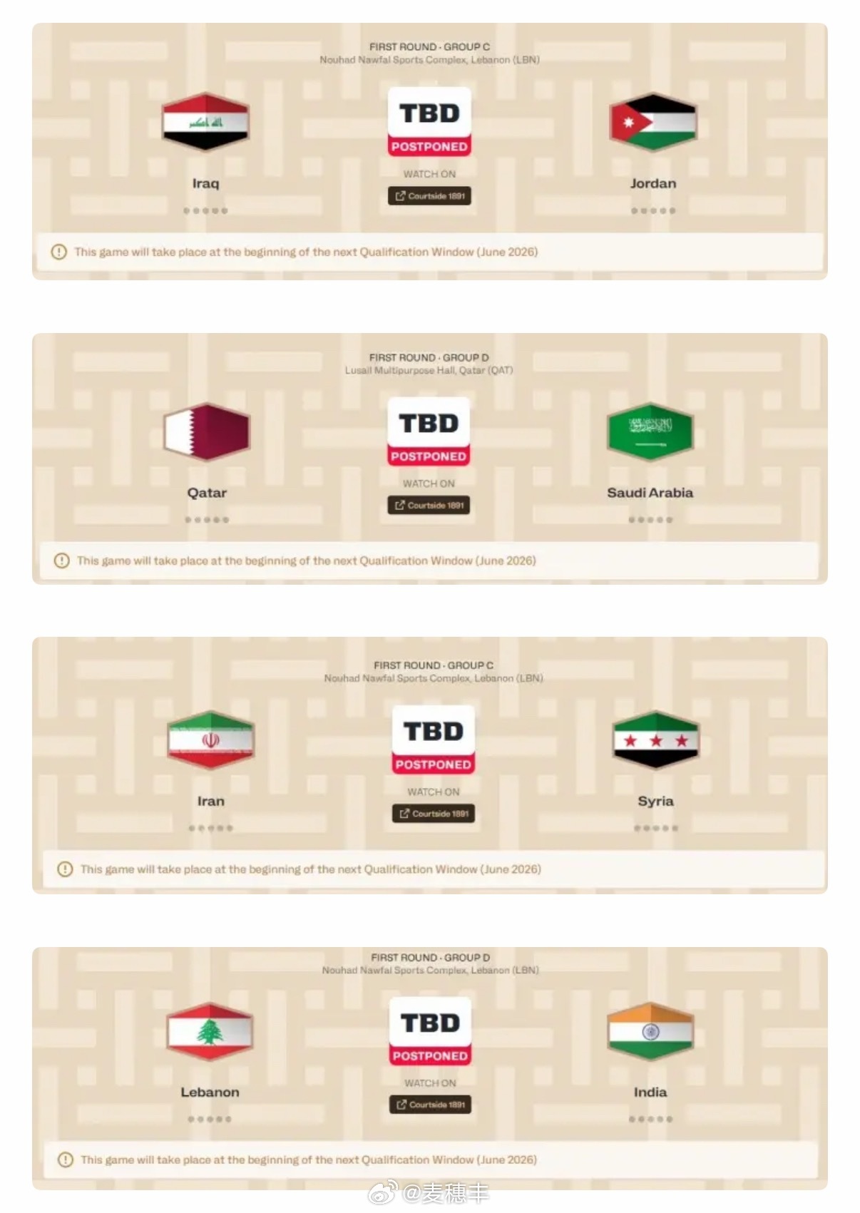 FIBA发布官方声明：鉴于近日亚洲局势发展，FIBA决定推迟本窗口期西亚地区剩余