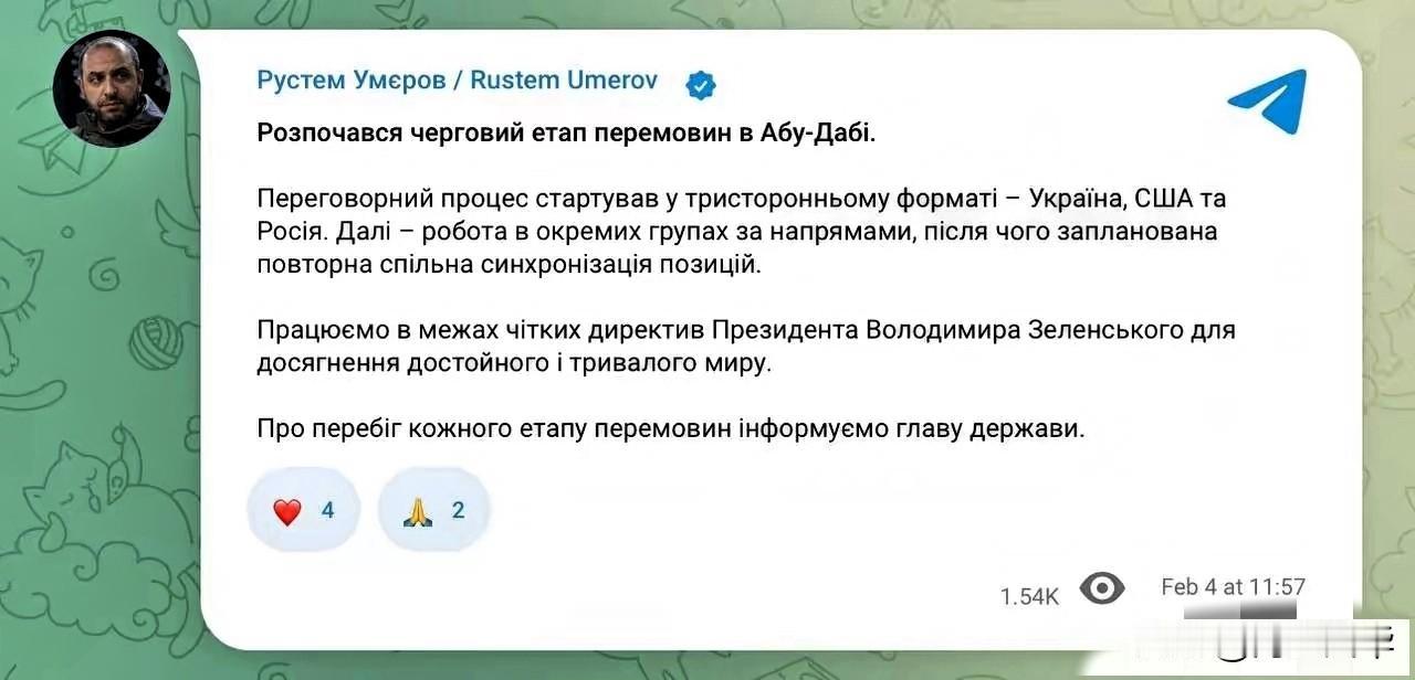 乌梅罗夫：阿布扎比新一轮谈判已启动
​谈判进程以俄乌美三方形式拉开帷幕，后续将按