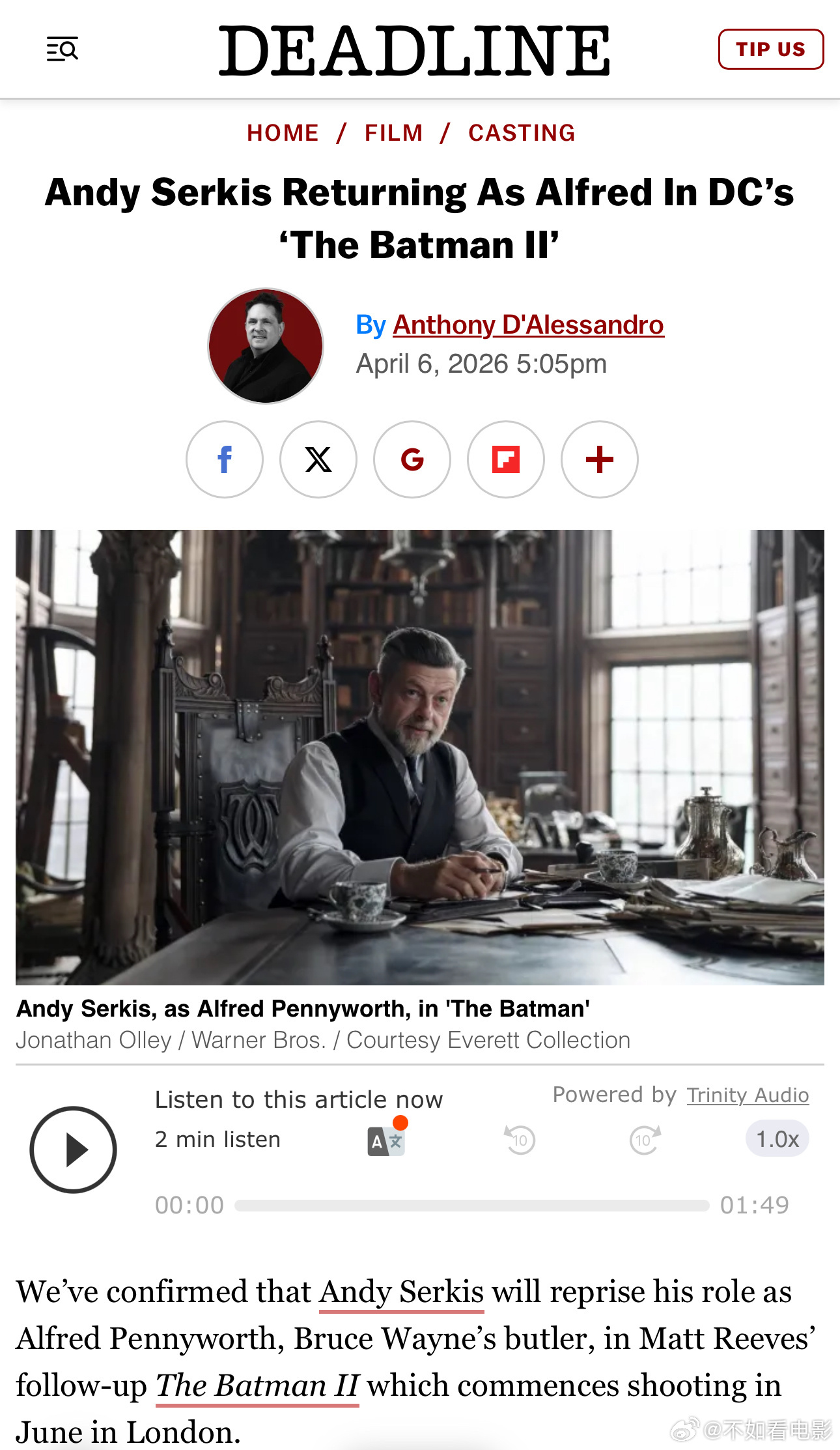 新蝙蝠侠2六月开拍 根据Deadline独家报道，DC新片《新蝙蝠侠2》将于今年