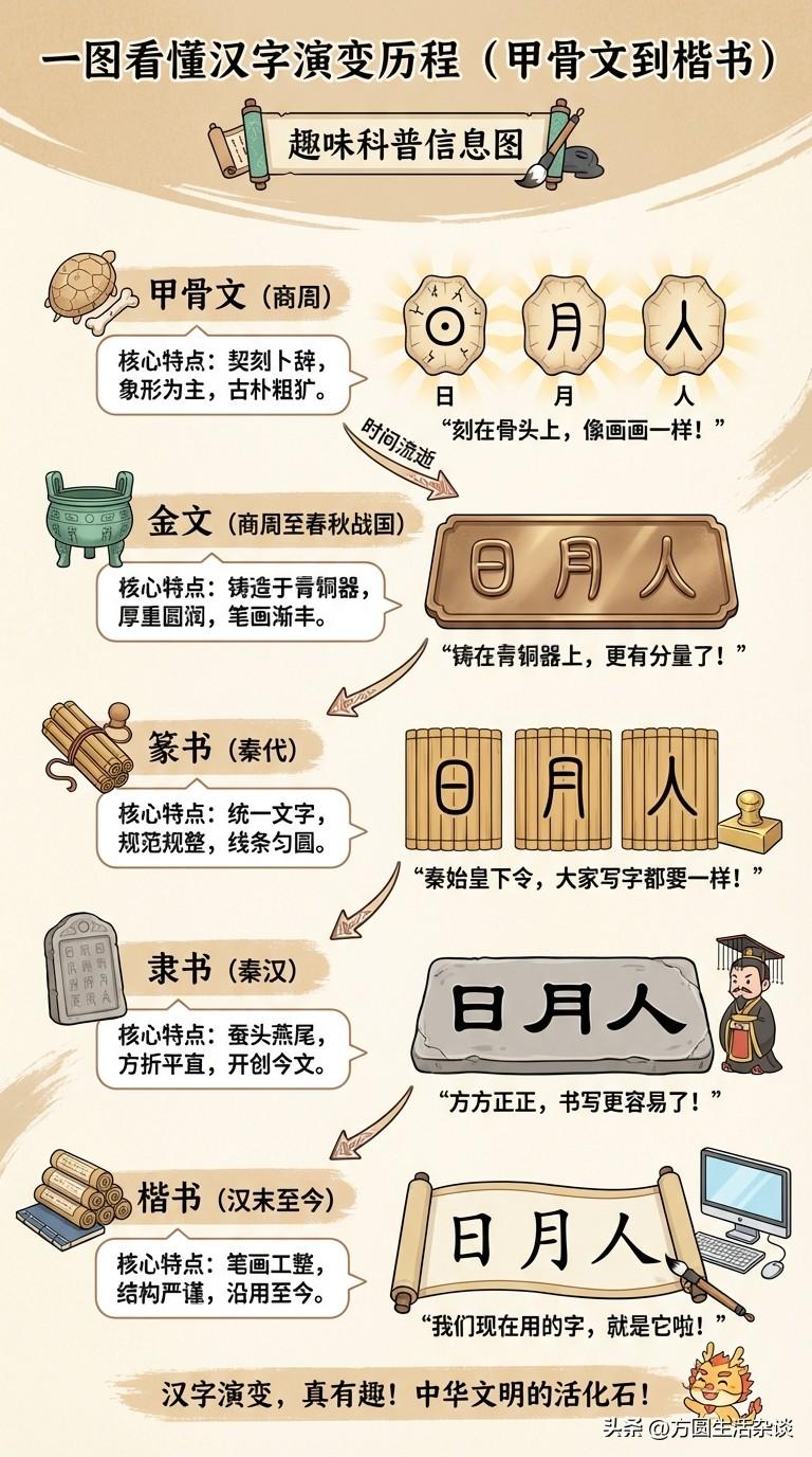汉字的演变是一个漫长有序的优化过程，核心规律是从繁到简、从象形到符号化。

演变