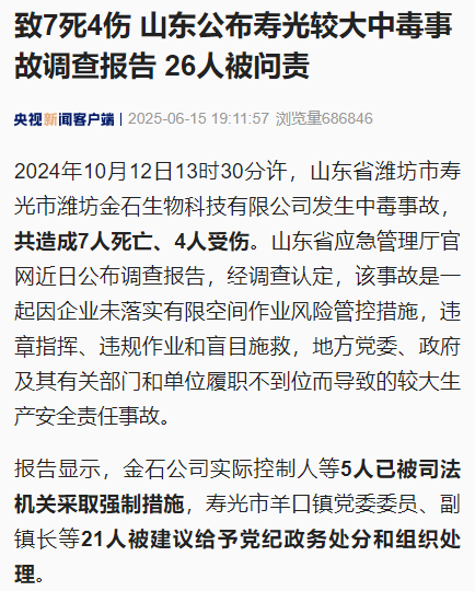 【#山东寿光较大中毒事故26人被问责#】#山东寿光7死4伤中毒事故调查报告#近日