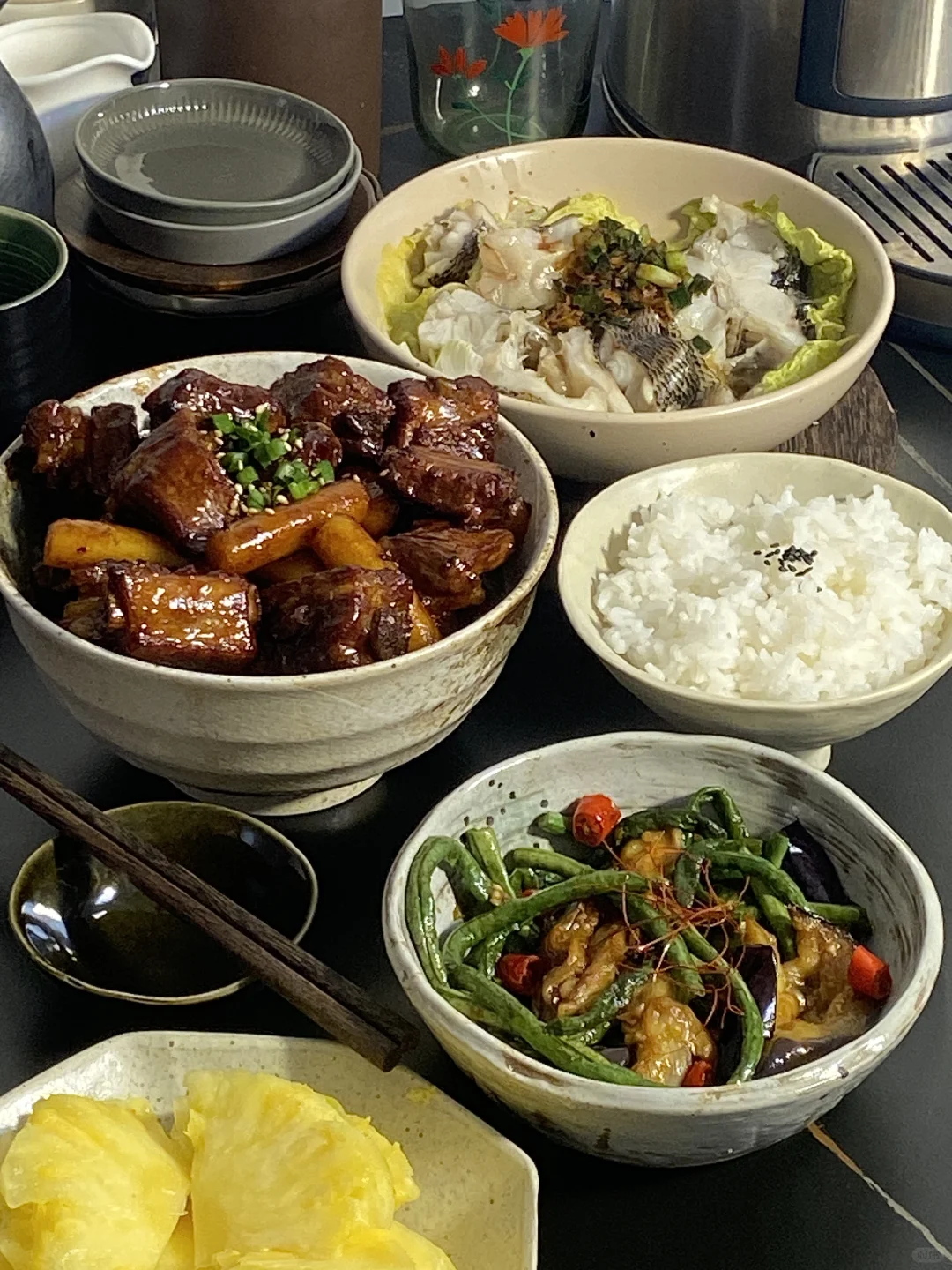今日食谱📜年糕排骨 葱油鱼 茄子烧豆角🥢