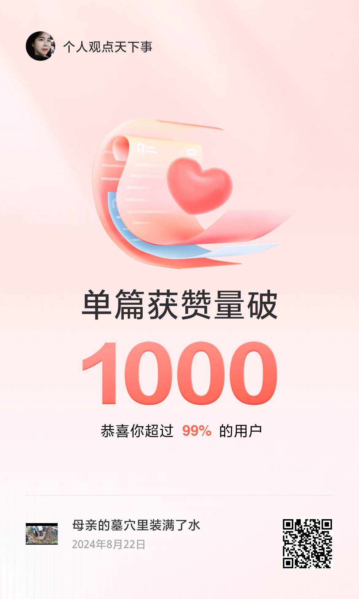 🔥我创作的单篇内容获得超过1000赞了！