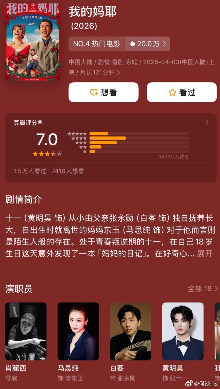 今年清明档电影全部开分：《我，许可》8.3《天才游戏》6.0《我的妈耶》7.0《