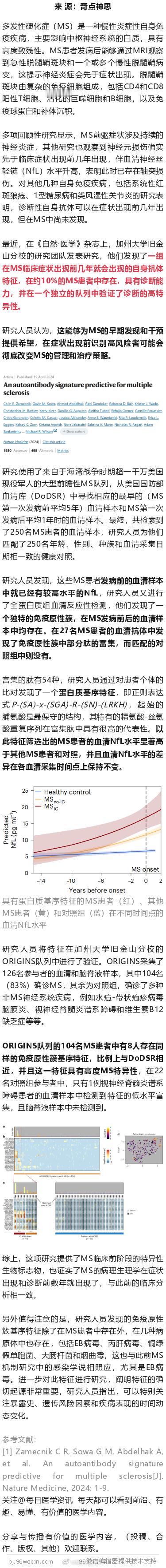 《自然·医学》：突破！提前数年预示多发性硬化症发病的生物标志物出现了 ​​​