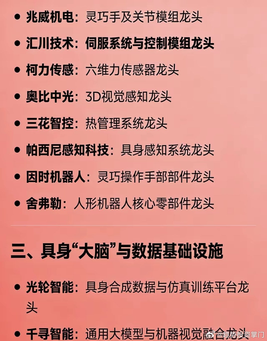 具身智能龙头汇总一、整机/本体- 智平方：生产力人形机器人龙头- 银河通用：轮式