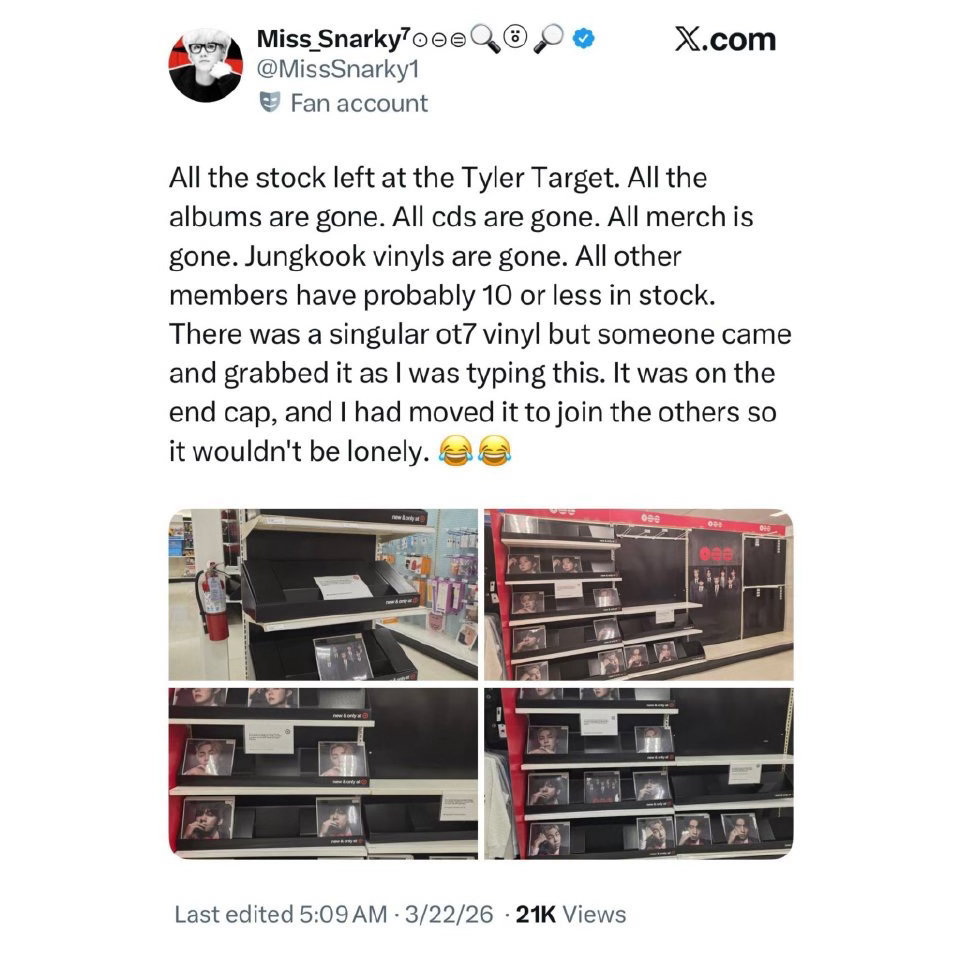 田柾国Arirang兰花色黑胶唱片在美国Target线上售罄四轮的同时，线下在德