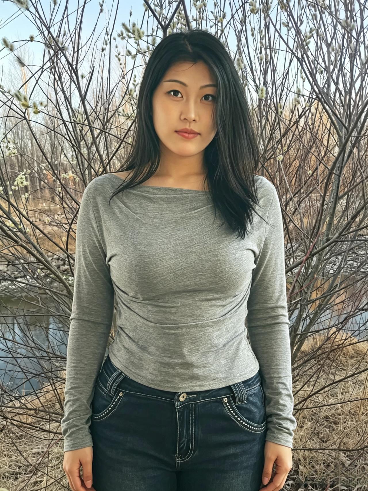 银柳的芽，在枝头悄悄绽放
河水的波，在脚下轻轻荡漾
你站在枝桠间
把自己站成了一