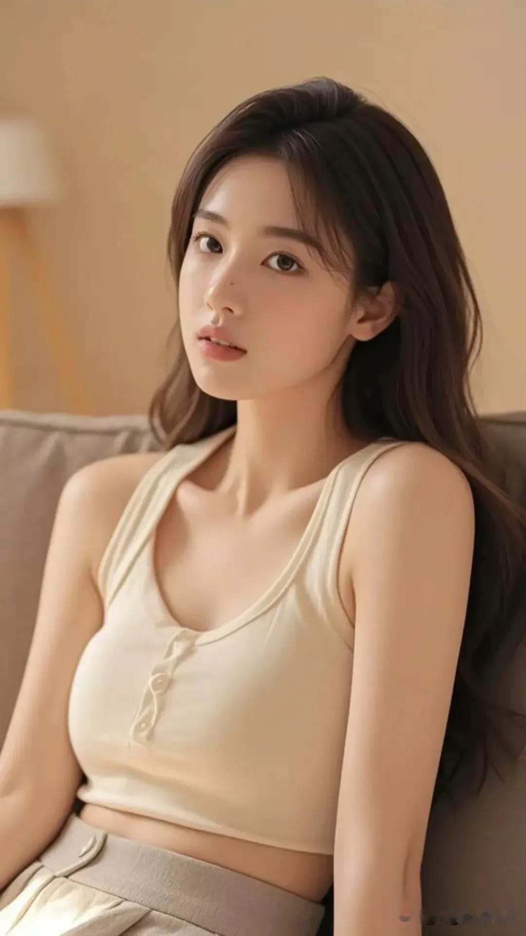 温柔的午后，阳光透过窗户洒在慵懒的沙发上。
一位美丽的少女，就像倪妮那般，身着简