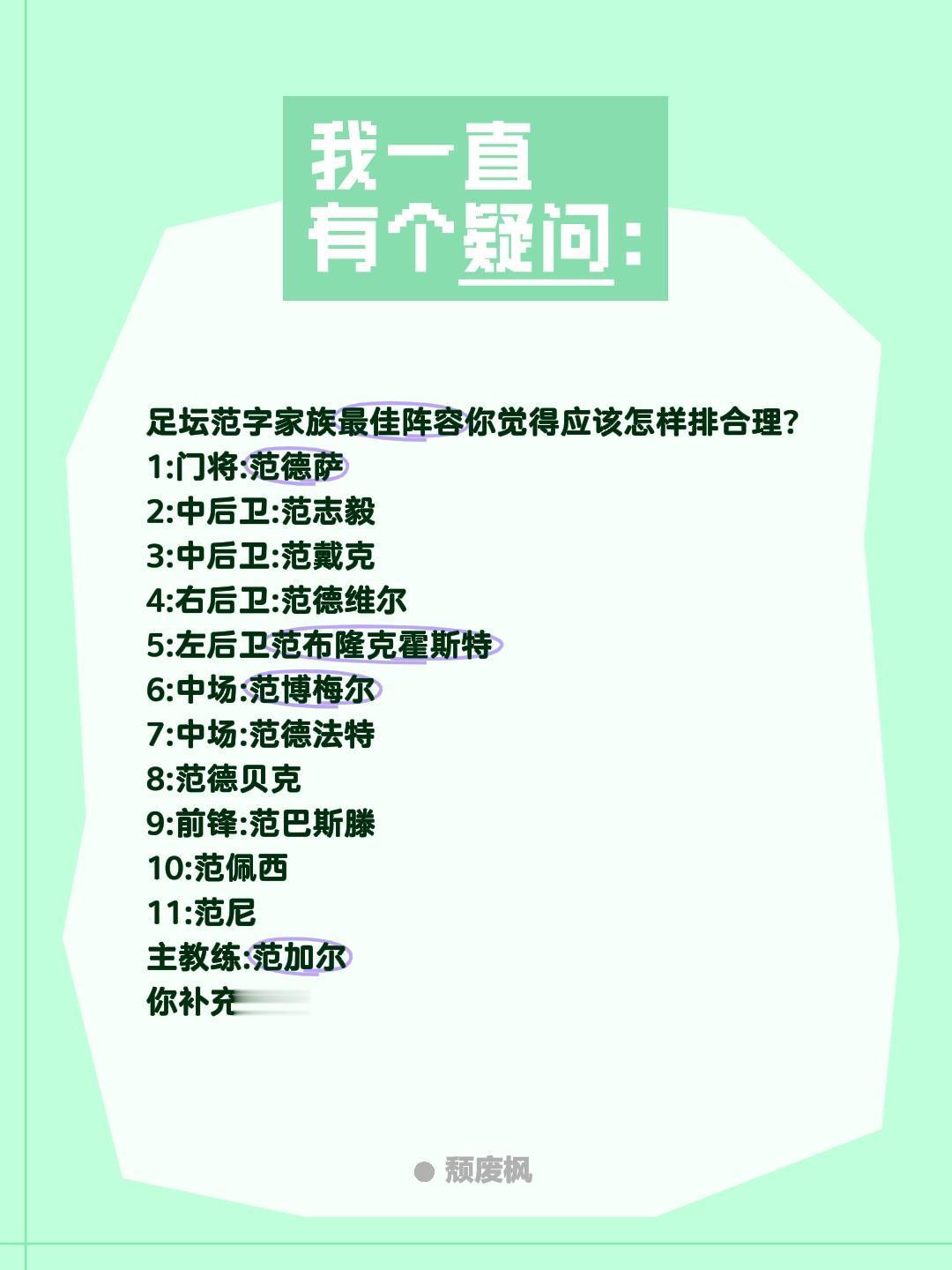 足坛范字家族最佳阵容你觉得应该怎样排合理?
1:门将:范德萨
2:中后卫:范志毅