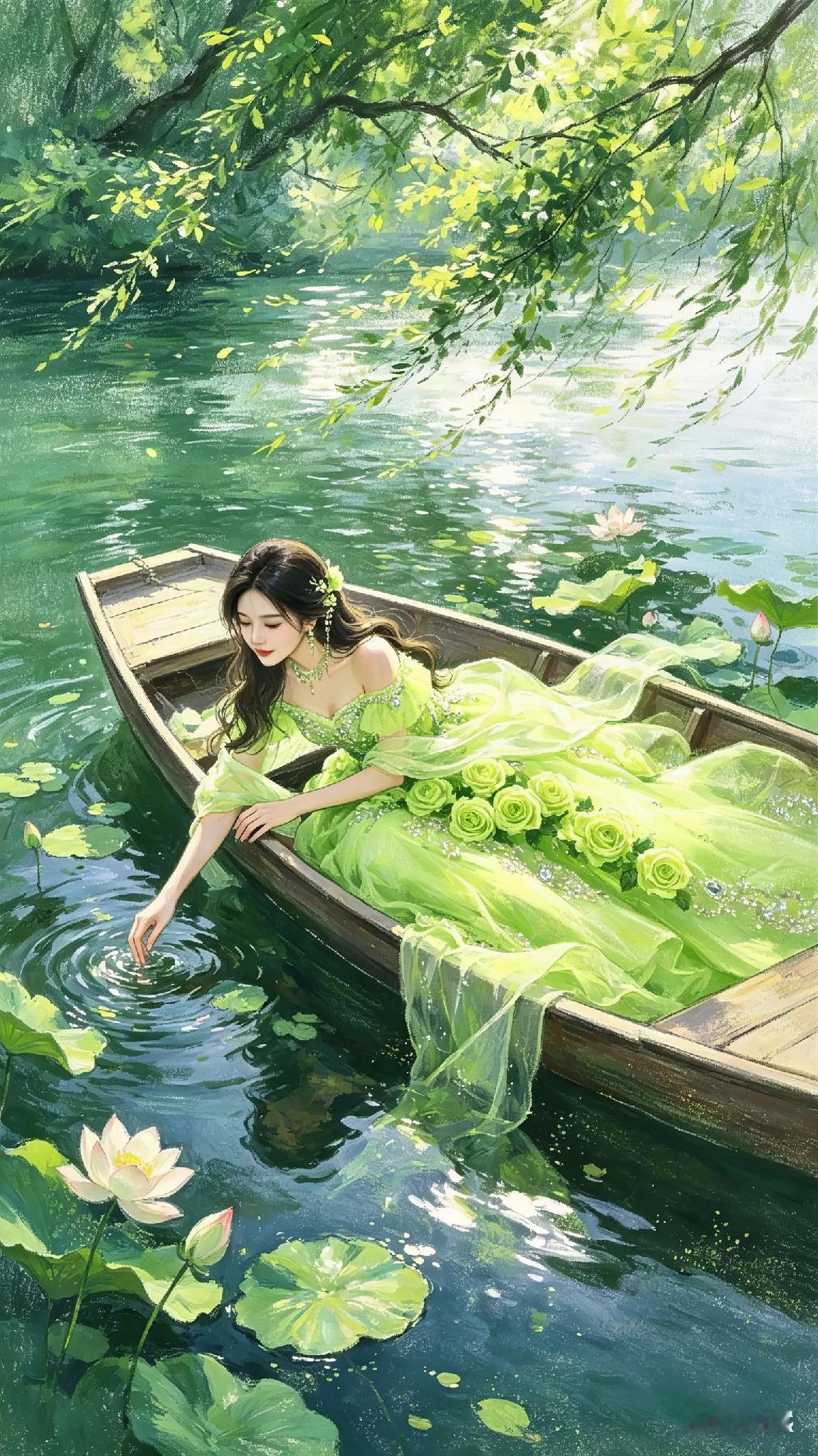 古风美女，湖中戏水，迎风摇罢的柳枝，盛开的荷花，在清清的湖水中，相映成趣。
水边