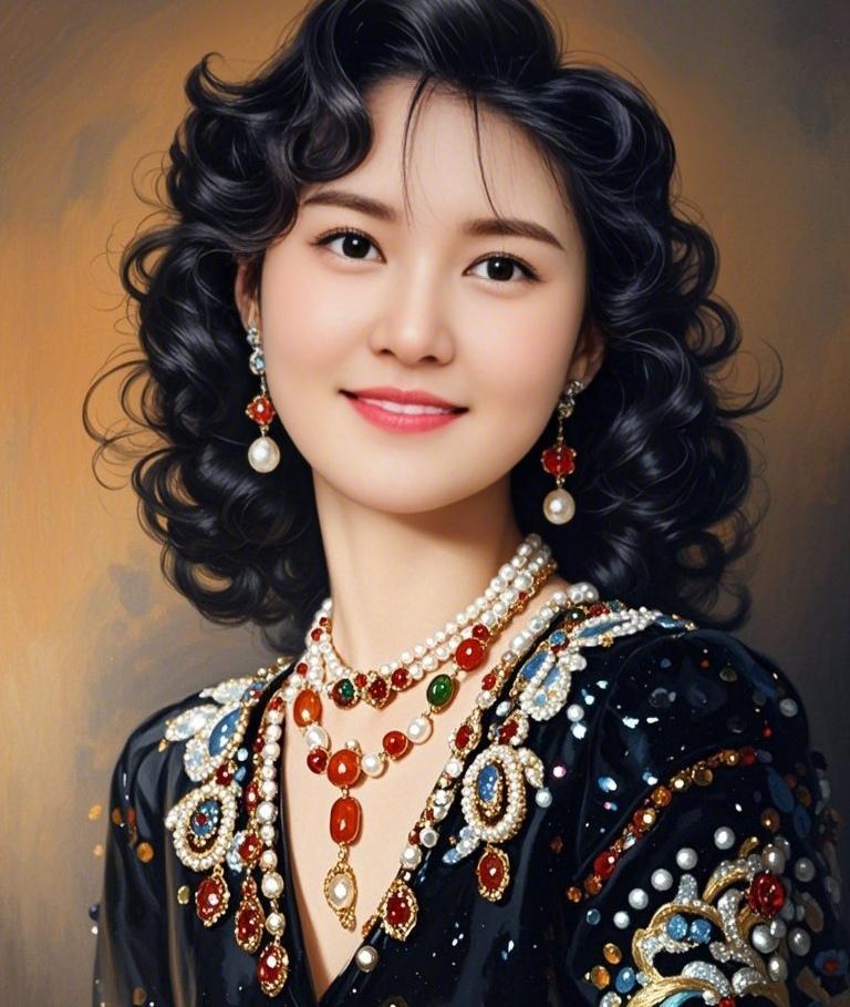 上联：云鬓卷乌霜，珠蕊凝光萦绮袖
下联：玉容含岫彩，宝石焕采映华裳