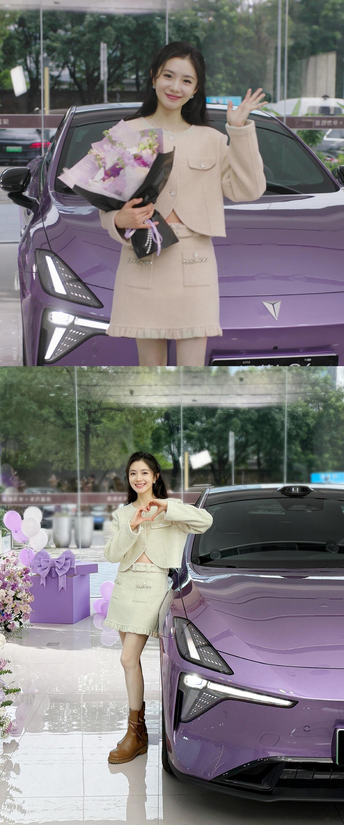 刘浩存申请当深蓝内测官 起猛了！看见刘浩存当上测评博主了！香车配美人，紫色车身高