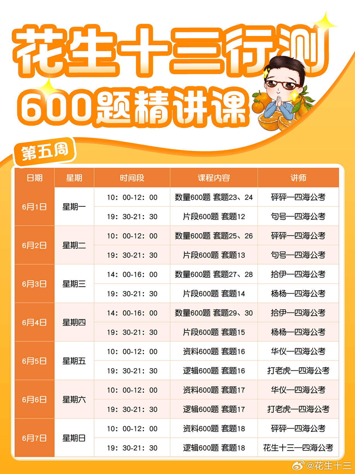 600题直播课第五周课表已经出炉啦！花生老师和大家说一下第五周直播课的几处小调整