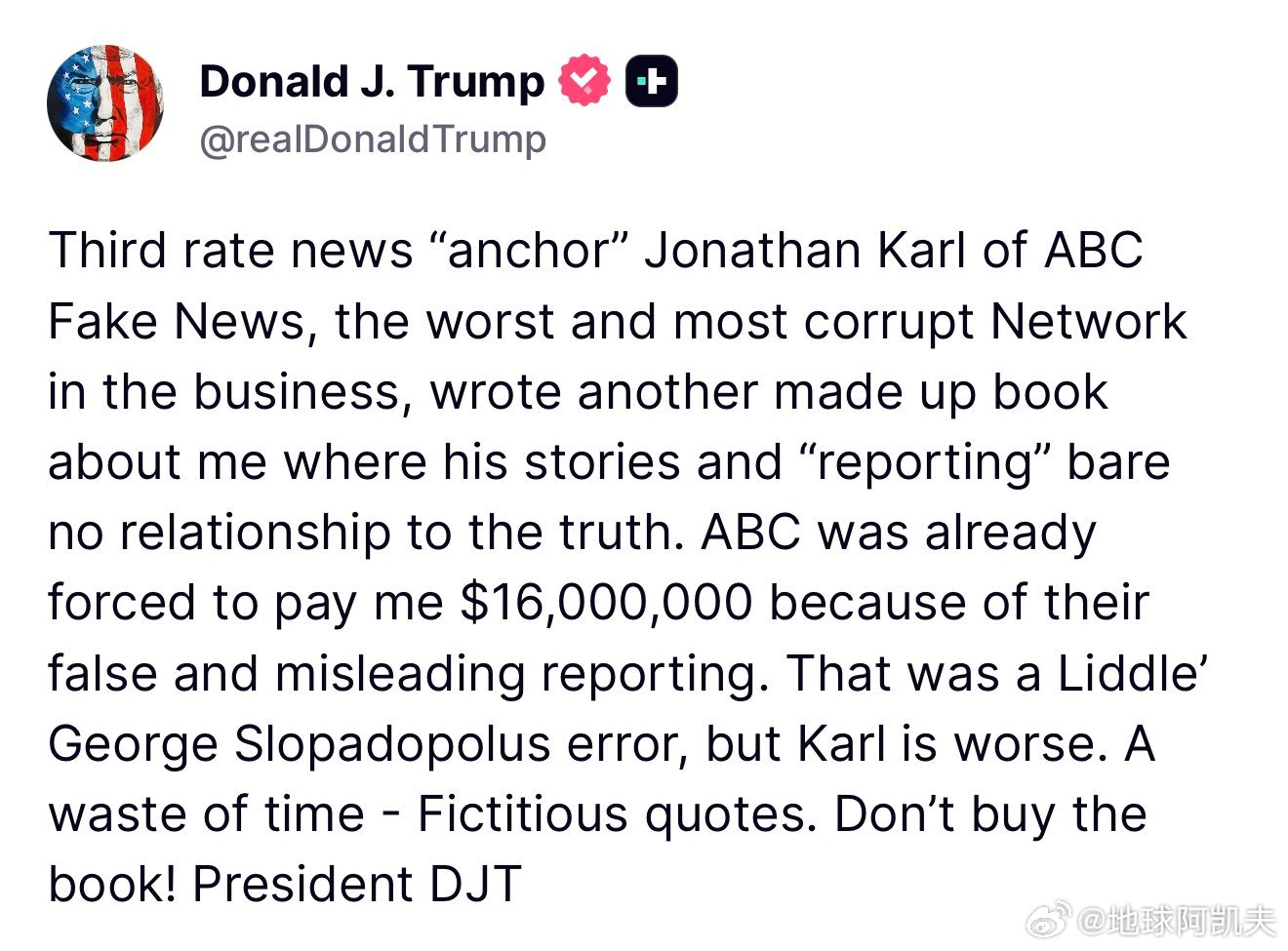 ‼️特朗普：“ABC电视台的“三流新闻‘主播’”乔纳森·卡尔，这个商业界最糟糕、